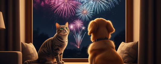 Cat and dog watching fireworks through a window – Fourth of July pet anxiety awareness