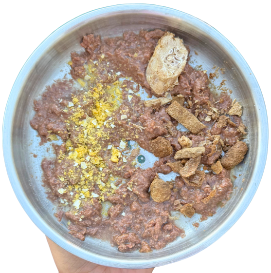 A hand wearing a lavender long-sleeve shirt holds a metal bowl filled with wet and dry dog food, including a yellow powder mix, against a plain white background.