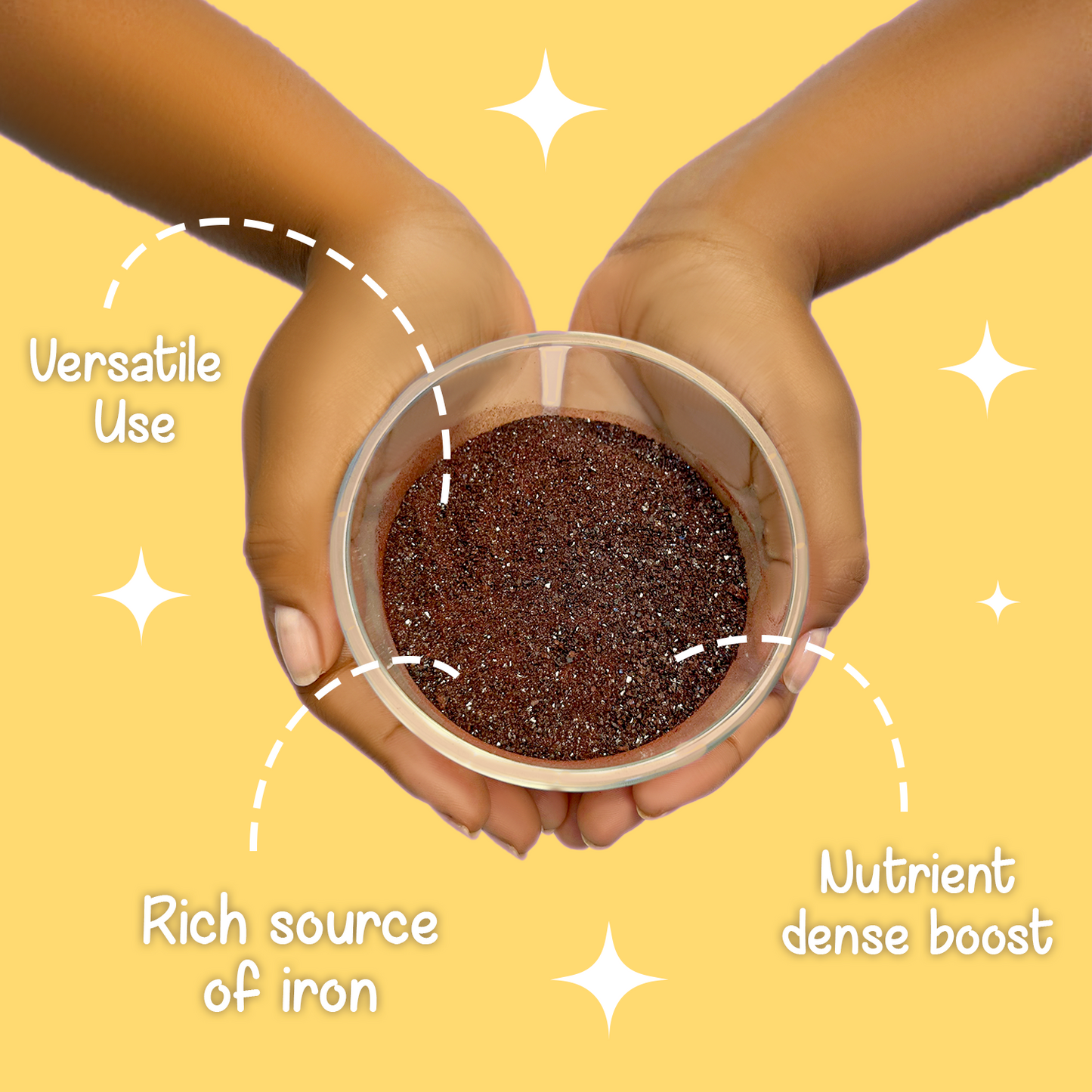 Freeze-dried beef blood sprinkles in a glass bowl held by two hands, with text highlighting benefits like natural iron, protein, and palatability boost for picky eaters