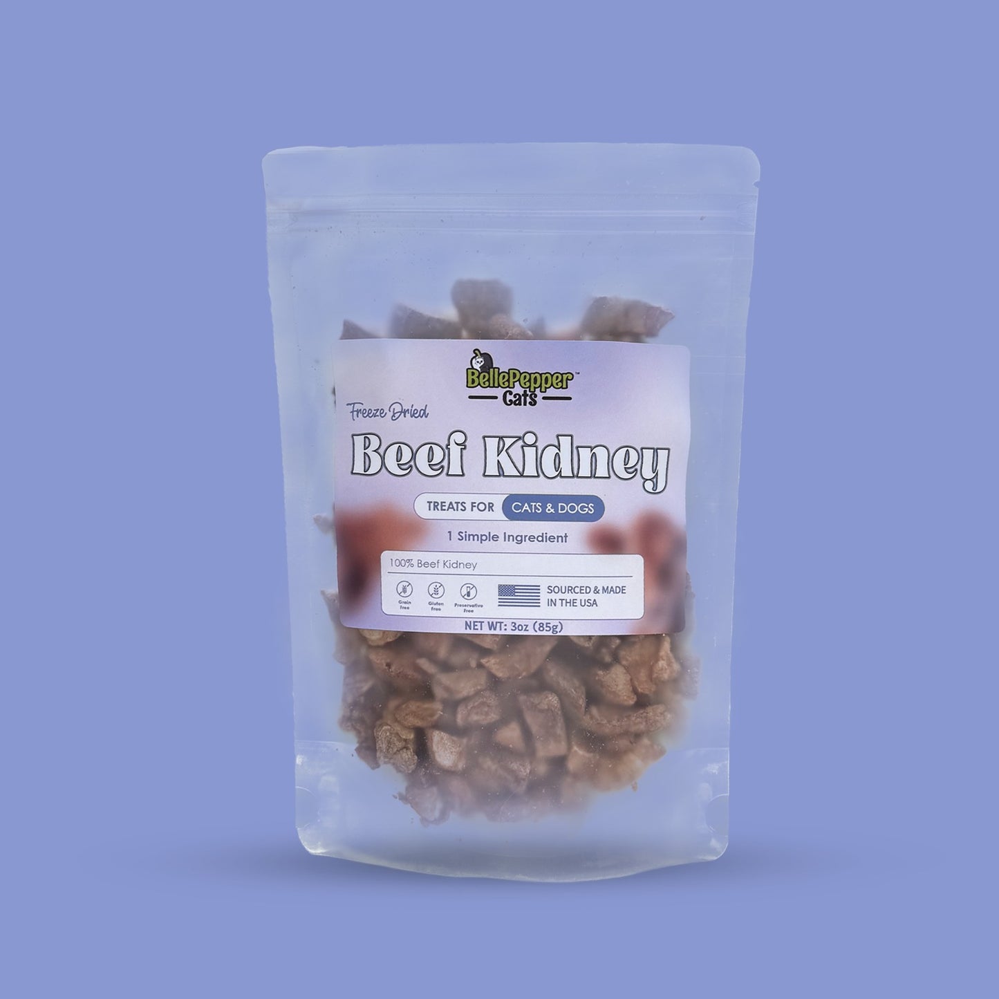 Front view of a BellePepper Cats Beef Kidney treats pouch standing upright against a pastel blue background. The label reads 'Freeze-Dried Beef Kidney – Treats for Cats & Dogs – 1 Simple Ingredient,' with icons indicating it's 100% beef kidney, sourced and made in the USA, and freeze-dried for quality.
