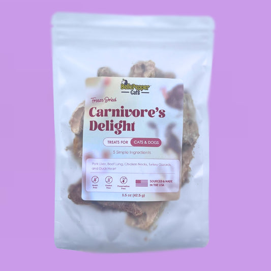 BellePepper Cats Carnivore’s Delight freeze-dried treat mix with pork liver, beef lung, chicken necks, turkey gizzards, and duck heart – protein-packed variety for cats and dogs