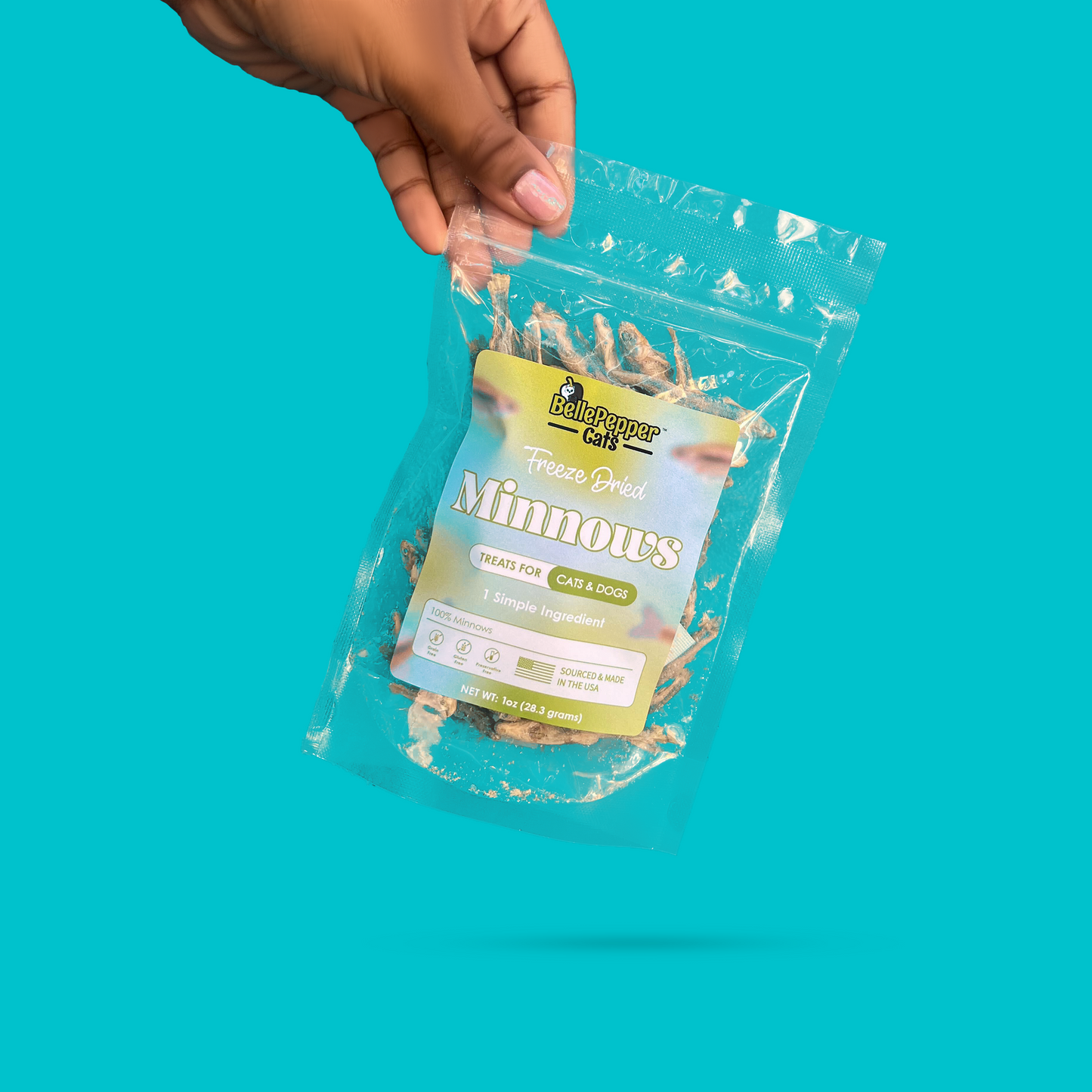 Freeze-dried whole minnows from BellePepper Cats – single-ingredient treat for cats and dogs, sourced in the USA