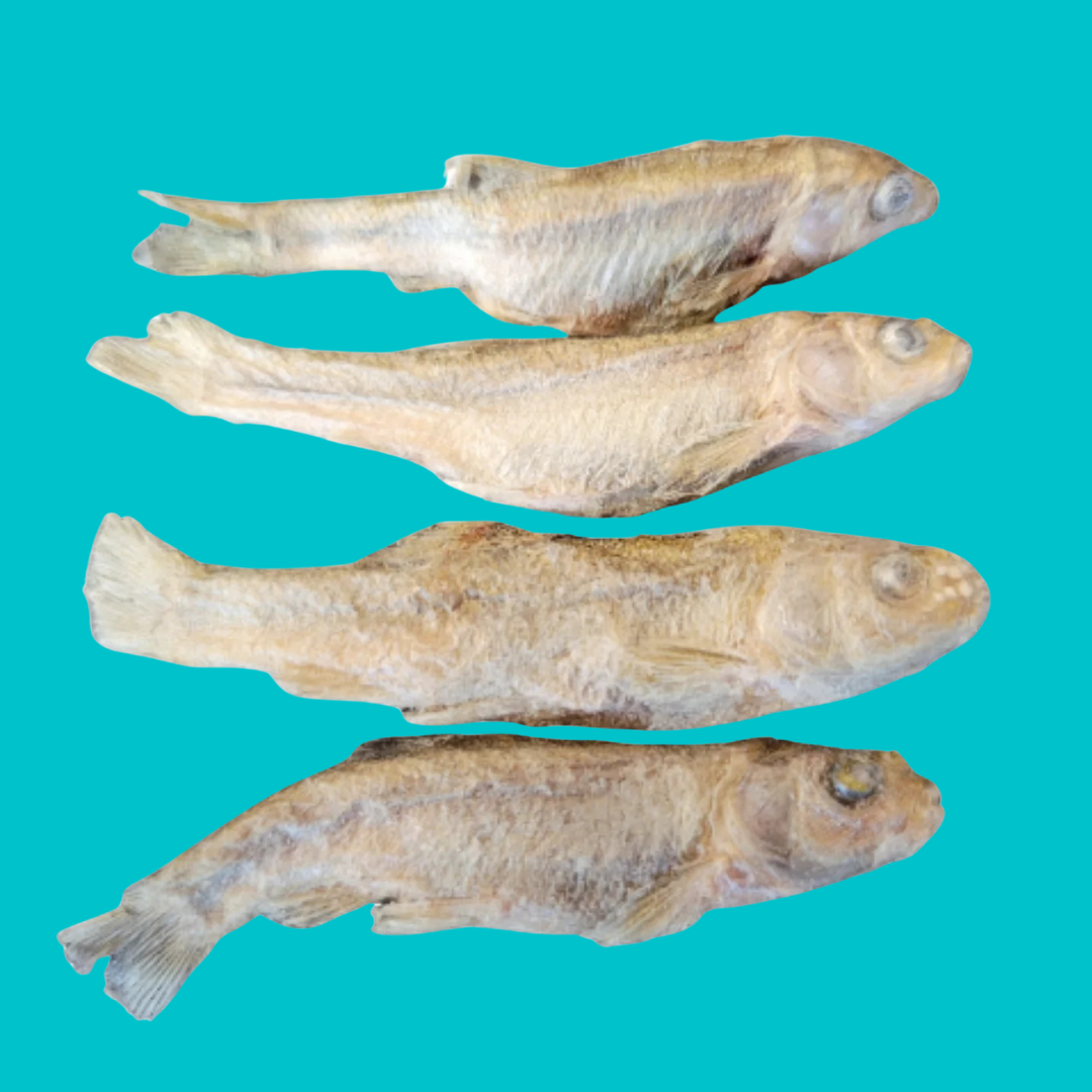 Four freeze-dried whole minnows laid out to show size and detail – nutrient-rich treats for cats and dogs