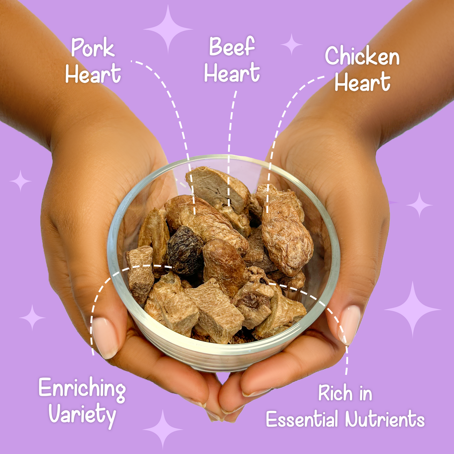Glass bowl of BellePepper Heart Medley treats with one piece held up and text overlay listing ingredients: pork heart, beef heart, chicken heart