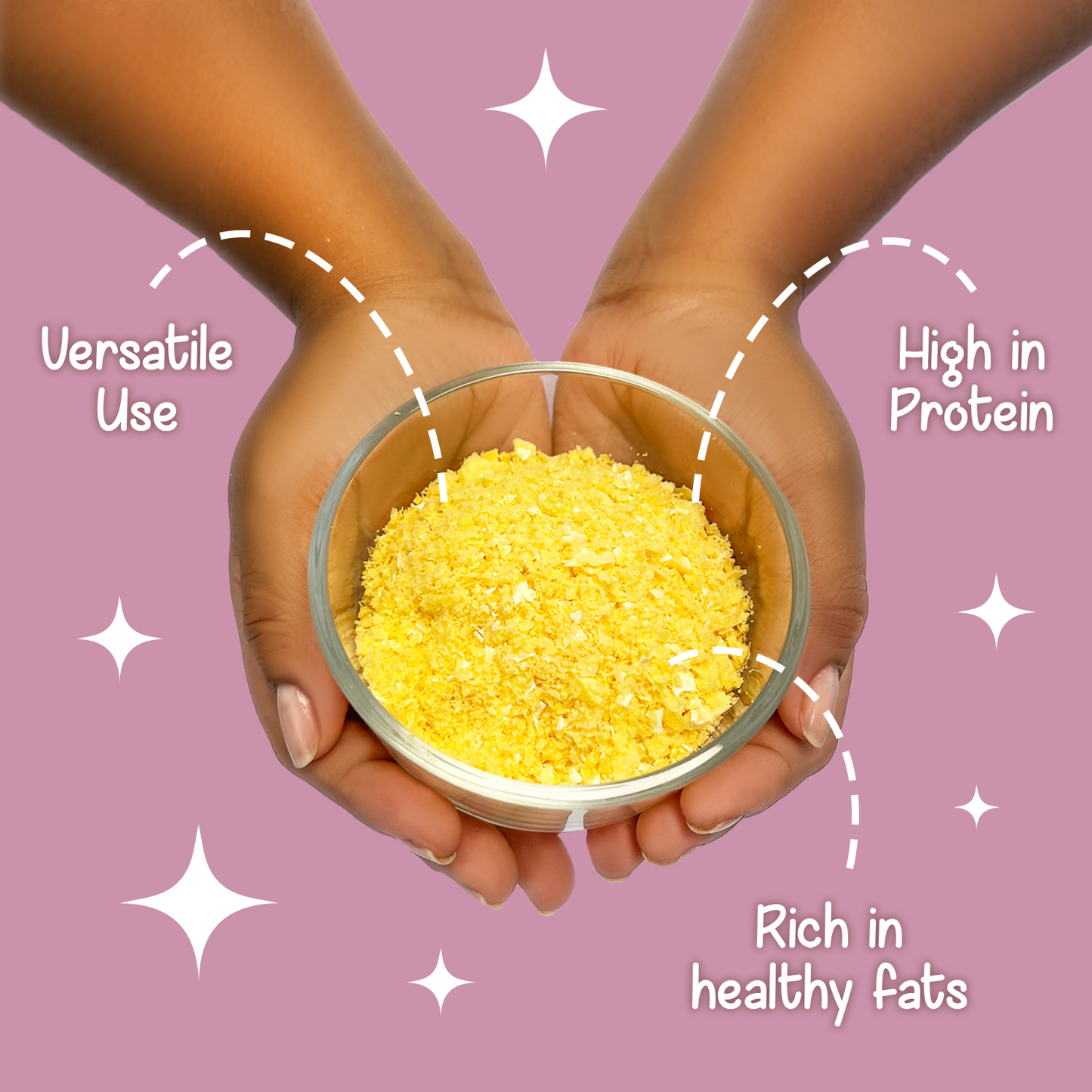 Freeze-dried scrambled duck egg topper in a glass bowl held by two hands, with text highlighting benefits like protein, choline, and whole egg nutrition