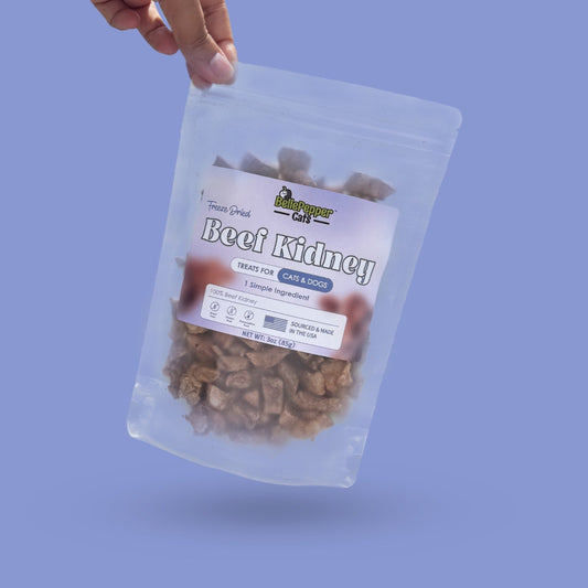 Hand holding a pouch of BellePepper Cats Beef Kidney treats against a pastel blue background. The packaging is semi-transparent with a clear label featuring the product name, benefits, and sourcing information.