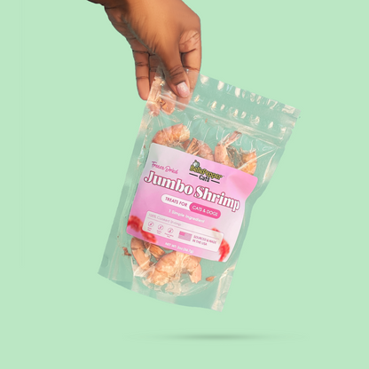 Close-up of BellePepper Cats freeze-dried jumbo shrimp—single-ingredient treats for cats and dogs