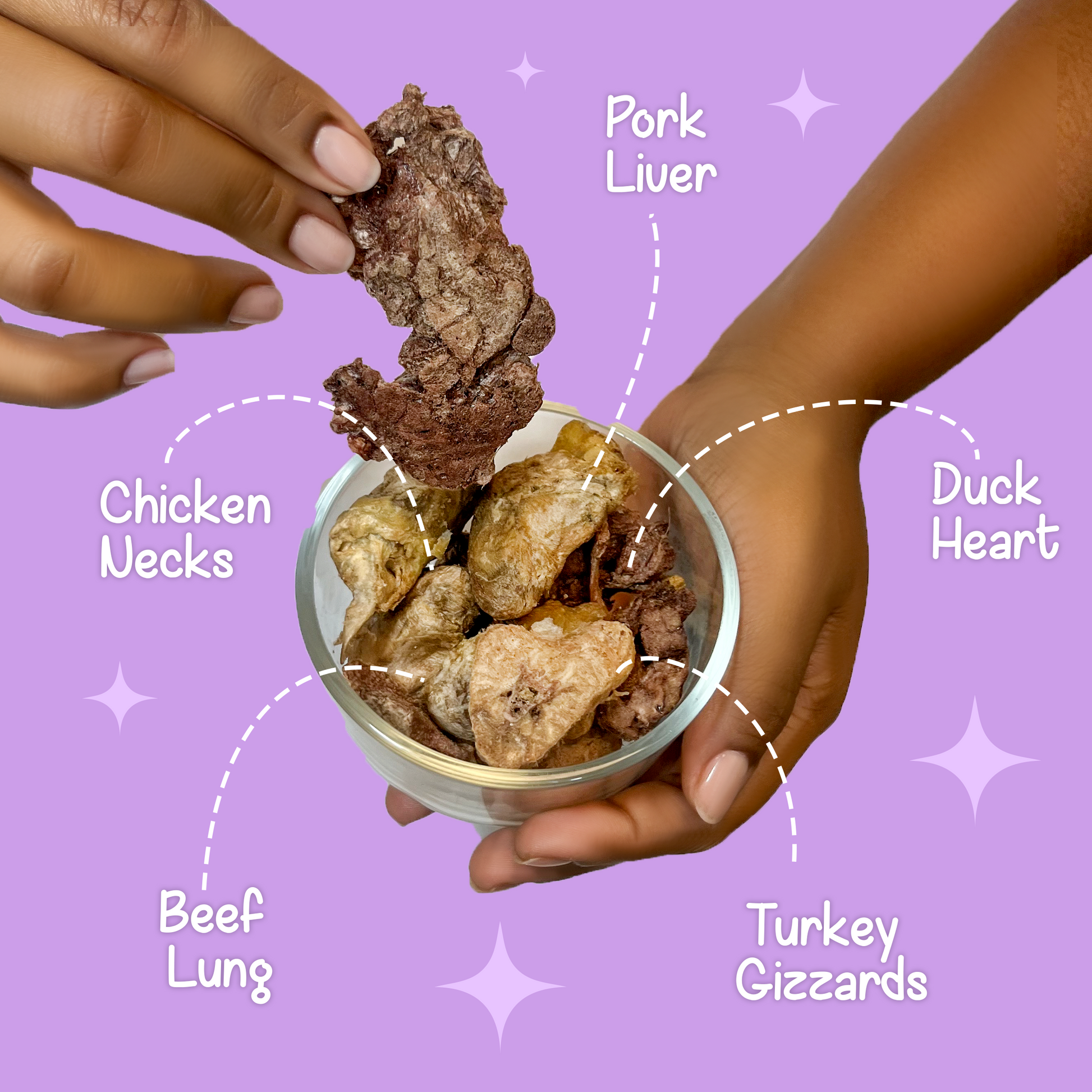 Glass bowl of BellePepper Carnivore’s Delight treats with one piece held up and text overlay listing ingredients: pork liver, beef lung, chicken necks, turkey gizzards, duck heart